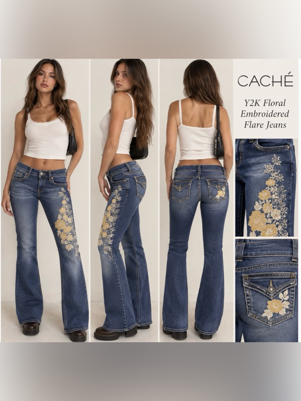 Caché Y2K Floral Embroidered Flare Jeans Women's Low/Mid Rise Sz 4 - Picture 2 of 16
